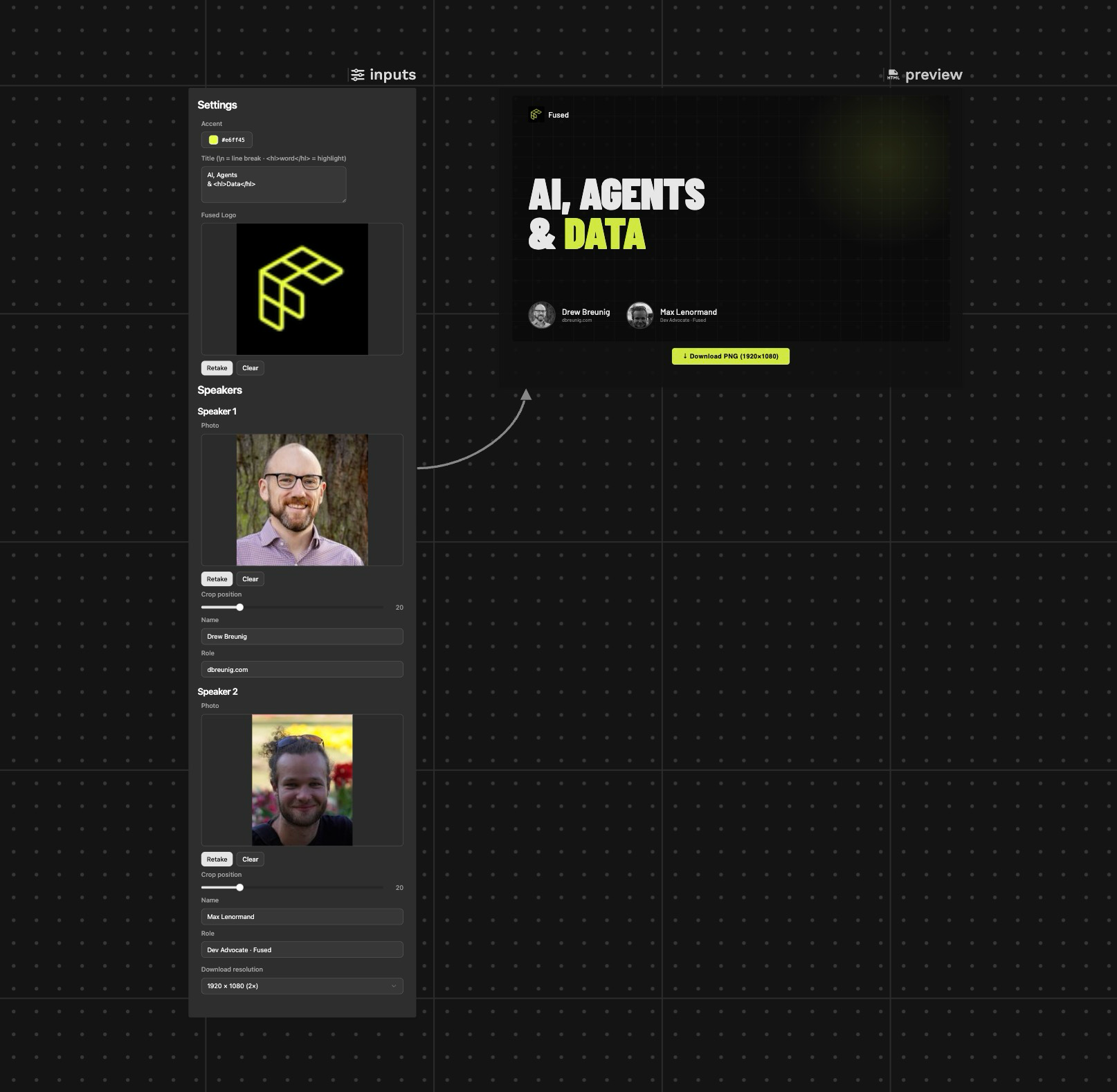 The thumbnail generator canvas — inputs panel on the left, live preview on the right