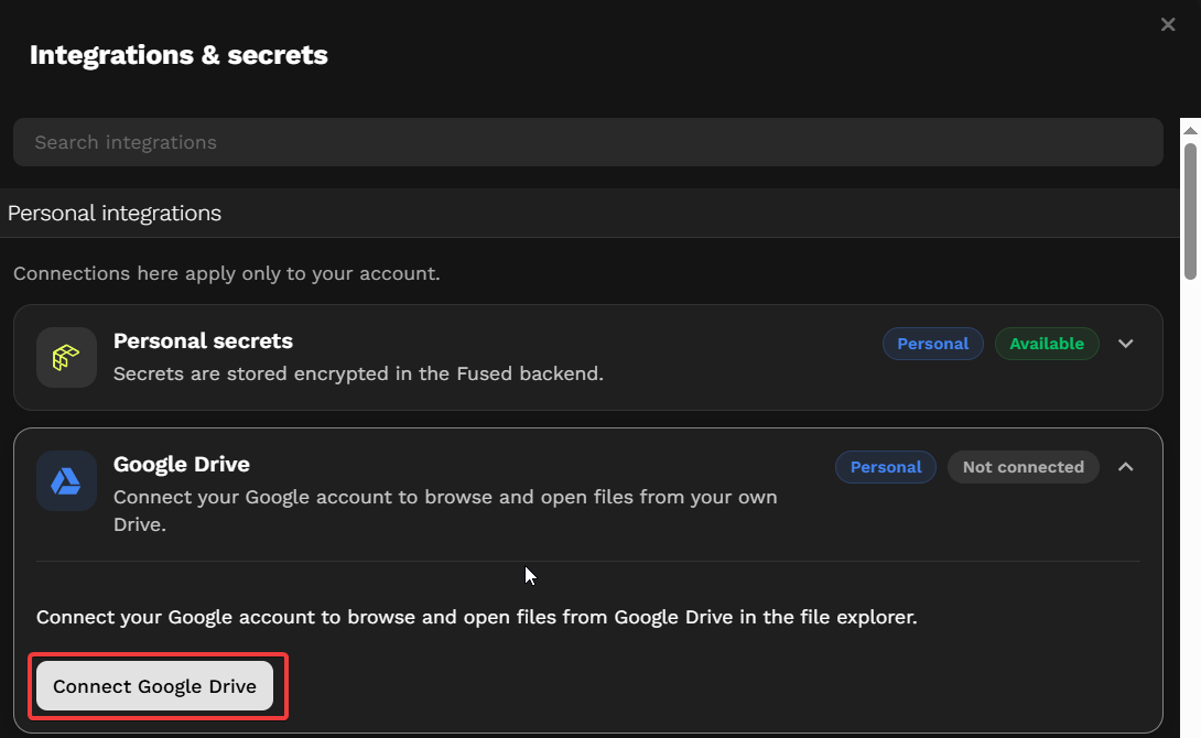 Connect Google Drive button in Fused Workbench