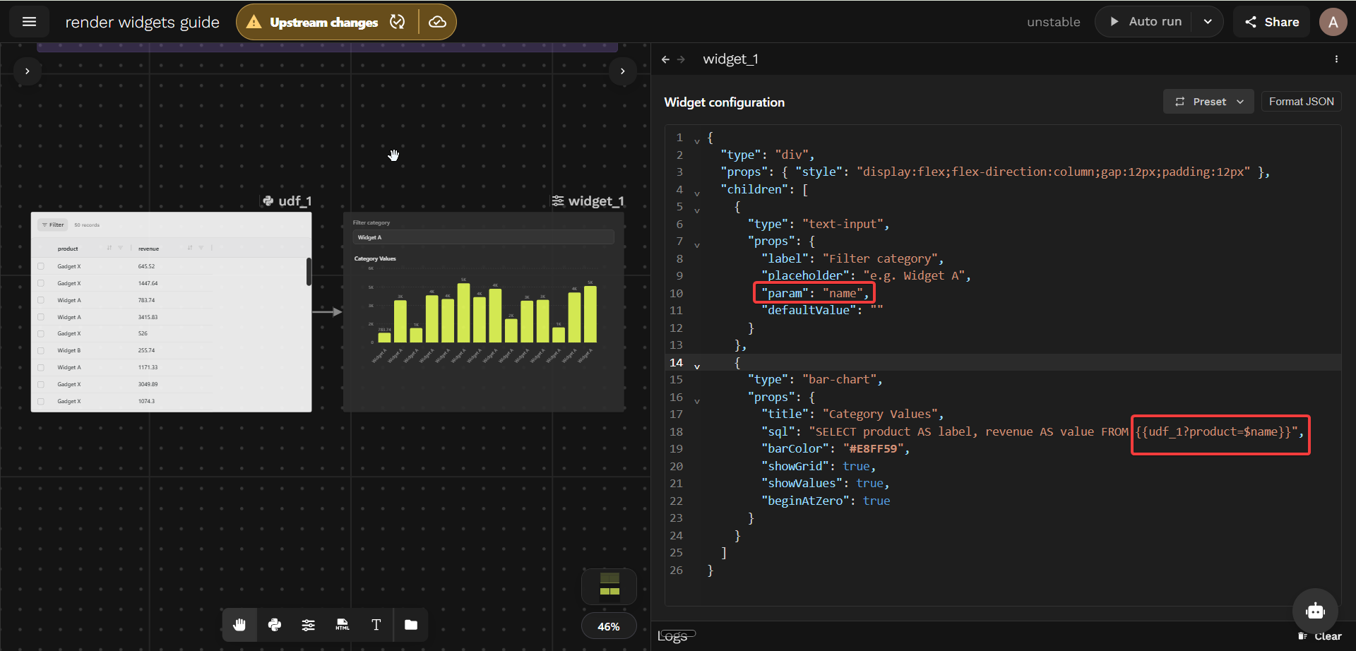 Input widget filtering bar chart by passing $name into udf_1 at query time