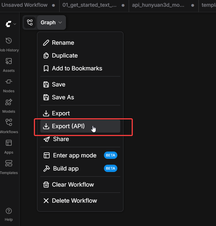 ComfyUI Graph menu with Export (API) highlighted