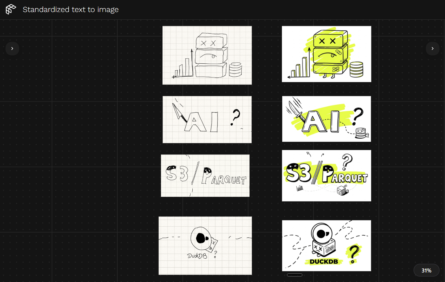 Before and after: raw sketches on the left, polished branded illustrations on the right