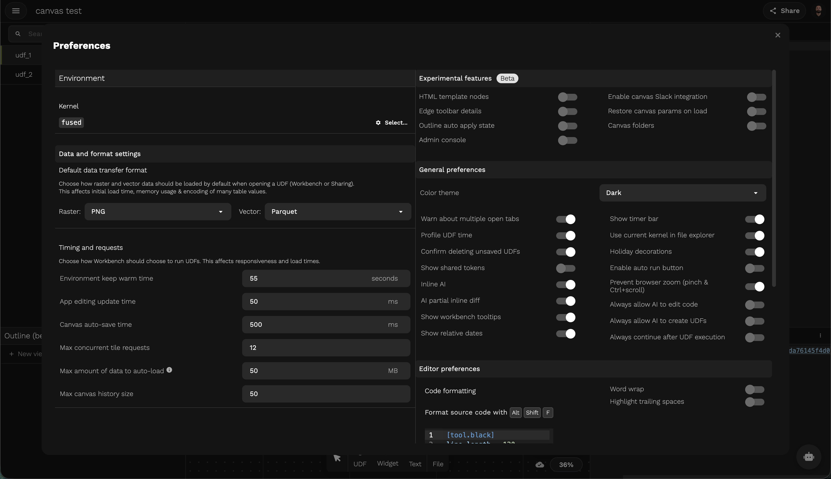 Preferences page